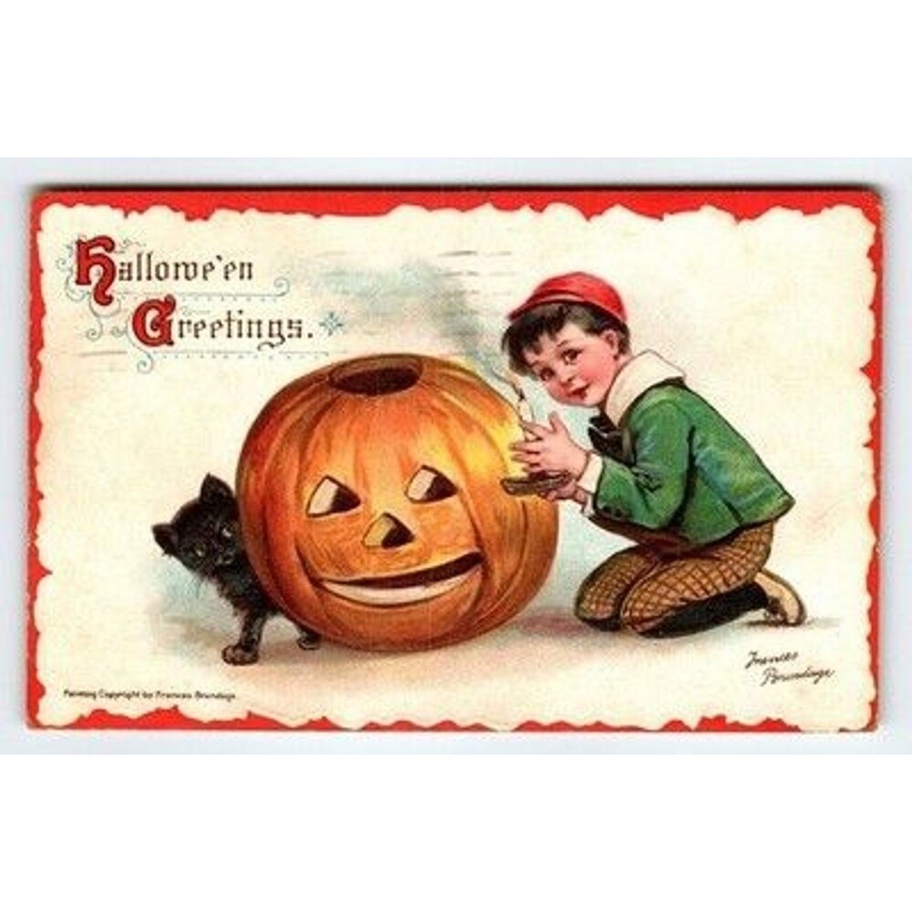 Vintage 1912 Halloween Postcard by Frances Brundage Boy & Black Cat Antique